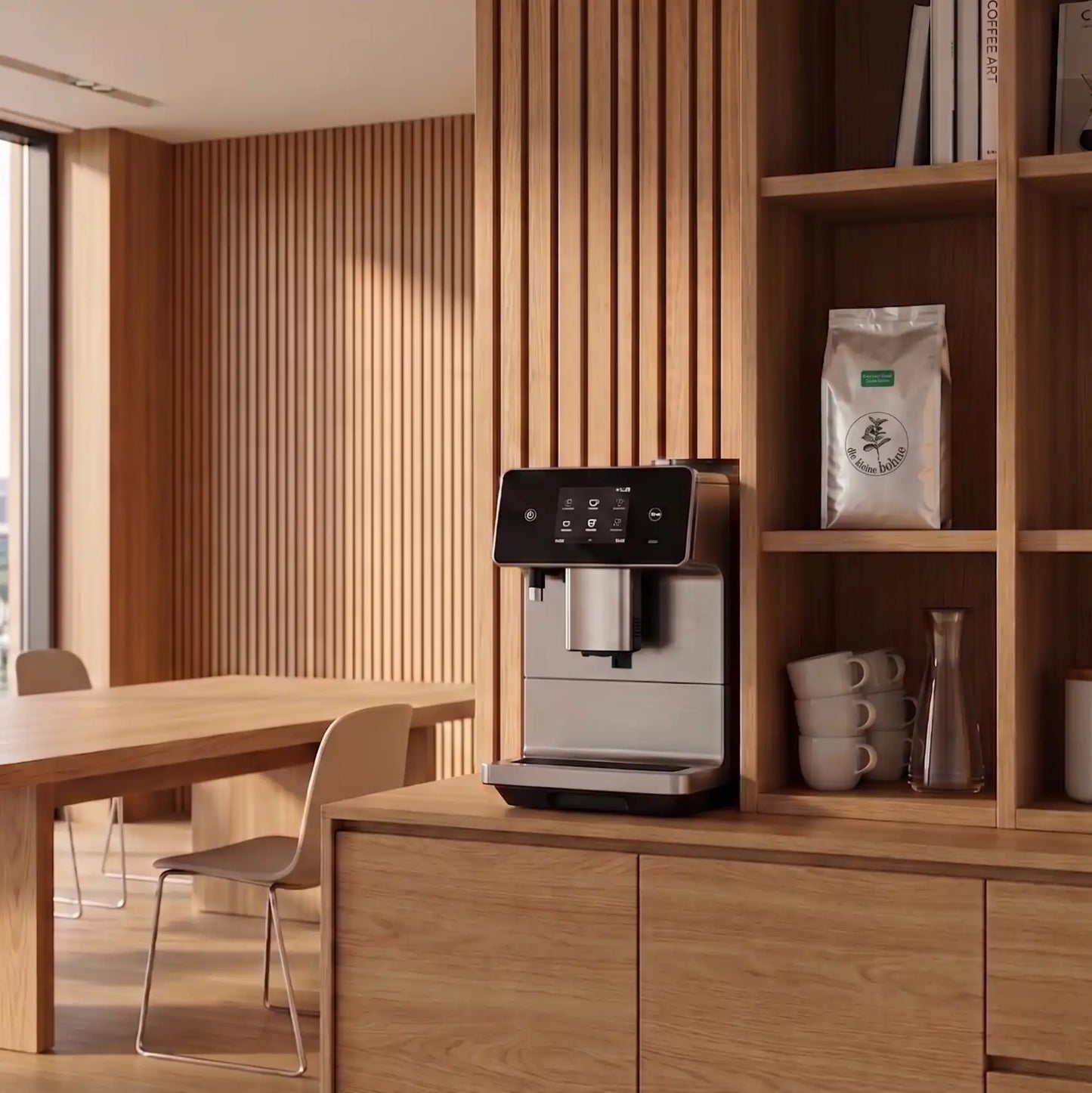 Moderner Konferenzraum mit viel Holz und einem modernen Kaffeevollautomaten. Im Regal steht eine 5 kg Rösterei-Tüte Espresso Brasil von diekleinebohne.de